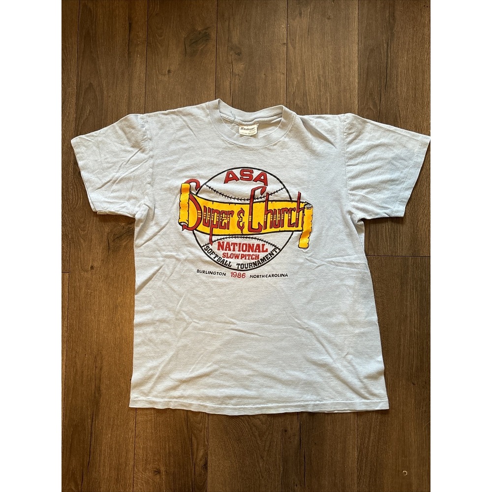 Vintage Stedman Hi Cru T Shirt L 1986 ASA Slow Pitch Softball Tournament SS Blue